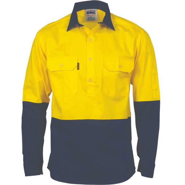 DNC HiVis 2-Tone Closed Front Long Sleeve Drill Shirt with Gusset Sleeve - 3834-Queensland Workwear Supplies
