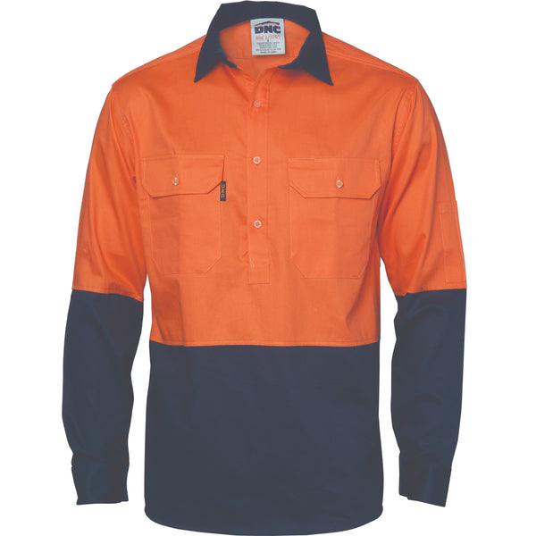 DNC HiVis 2-Tone Closed Front Long Sleeve Drill Shirt with Gusset Sleeve - 3834-Queensland Workwear Supplies