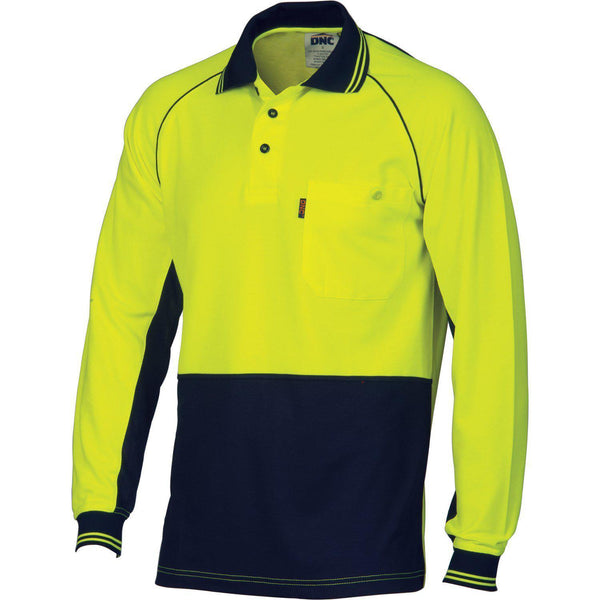 DNC HiVis 2-Tone Cotton Back Cool-Breeze Long Sleeve Contrast Polo - 3720-Queensland Workwear Supplies