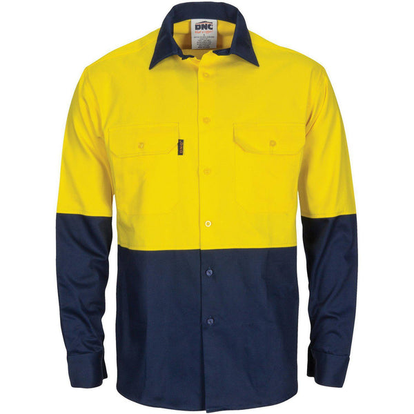 DNC HiVis 2-Tone Light Weight Cool-Breeze Long Sleeve Cotton Shirt With Gusset Sleeves - 3733-Queensland Workwear Supplies