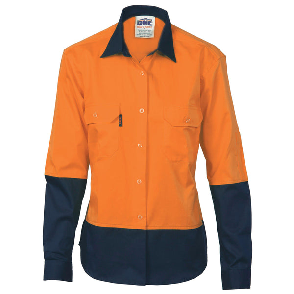 DNC Ladies HiVis 2-Tone Long Sleeve Cotton Shirt - 3940-Queensland Workwear Supplies