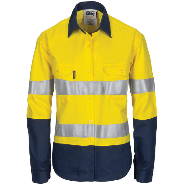 DNC Ladies Taped HiVis Cool-Breeze Light Weight Long Sleeve Cotton Shirt - 3786-Queensland Workwear Supplies