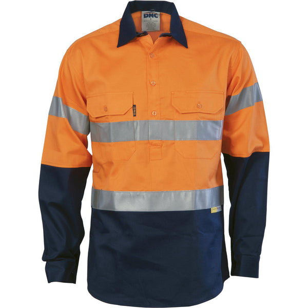 DNC Taped HiVis 2-Tone Closed Front Long Sleeve Cotton Shirt - 3849-Queensland Workwear Supplies