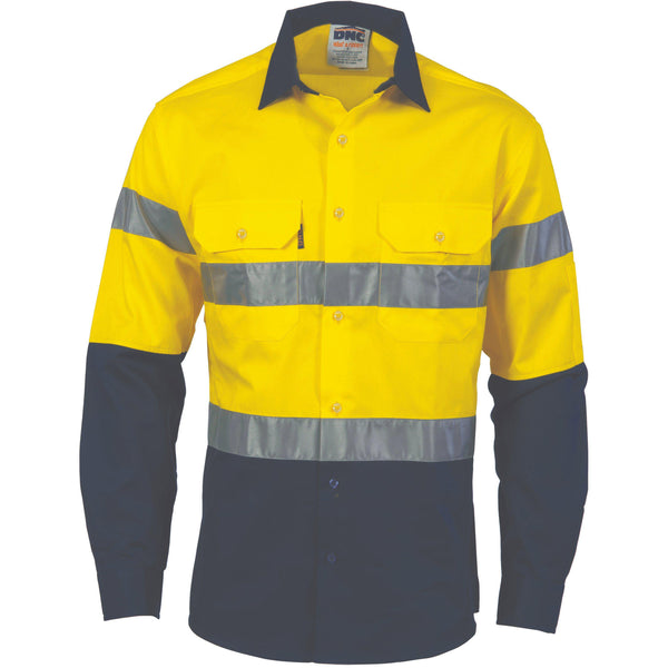DNC Taped HiVis 2-Tone Cool-Breeze Long Sleeve Cotton Shirt - 3966-Queensland Workwear Supplies