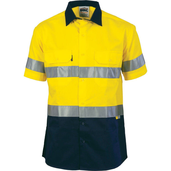 DNC Taped HiVis 2-Tone Light Weight Short Sleeve Cotton Shirt - 3887-Queensland Workwear Supplies