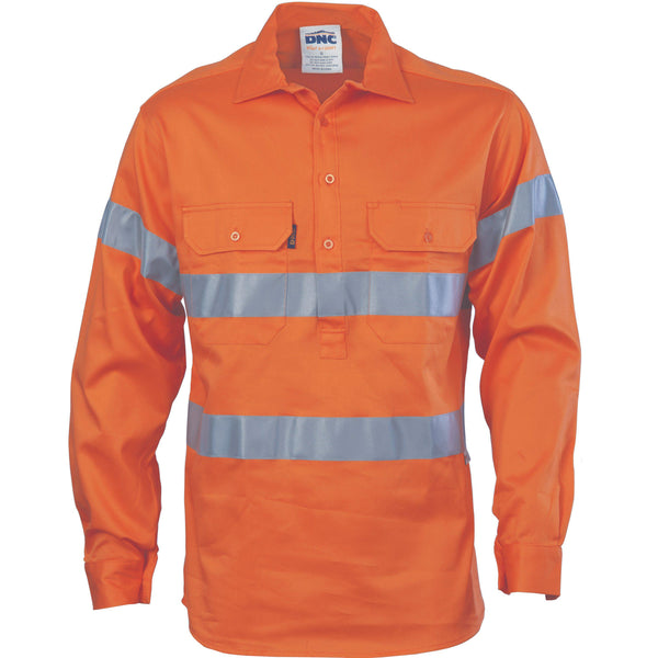 DNC Taped HiVis Close Front Long Sleeve Cotton Shirt - 3945-Queensland Workwear Supplies
