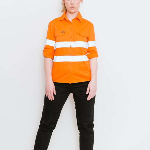 Green Hip Womens Orange HiVis Long Sleeve Shirt with Tape - SLS-HIVIS-Queensland Workwear Supplies